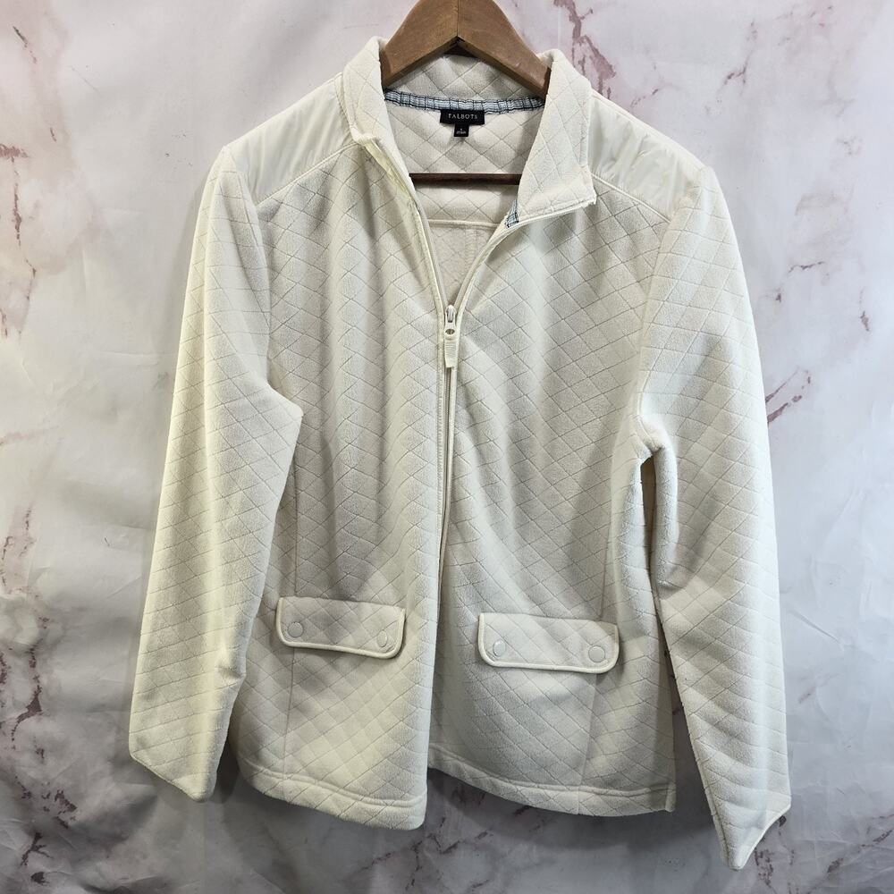 TALBOTS Jacket Womens Large White Fleece Quilted Full Zip Cream Snap Pocket